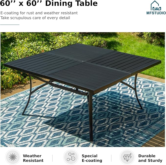 MFSTUDIO 9 Piece Outdoor Dining Set for 8, Square Metal Dining Table & Cushioned Rattan Chairs, Patio Metal Dining Furiture Set for Patio, Deck, Yard