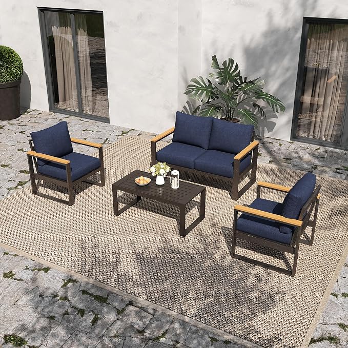 Sundale Outdoor Aluminum Patio Furniture Set, 4 Piece Outdoor Conversation Sets with Coffee Table and Washable Thick Cushions, All Weather Outdoor Sectional Set for Deck, Lawn, Yard (Navy Blue)