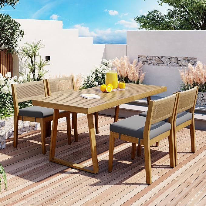 RUNNA Modern Acacia Wood Outdoor Dining Table and Chairs Set with Thick Cushions, Elegant Patio, Balcony, Garden Furniture for Entertaining (Gray-A2)