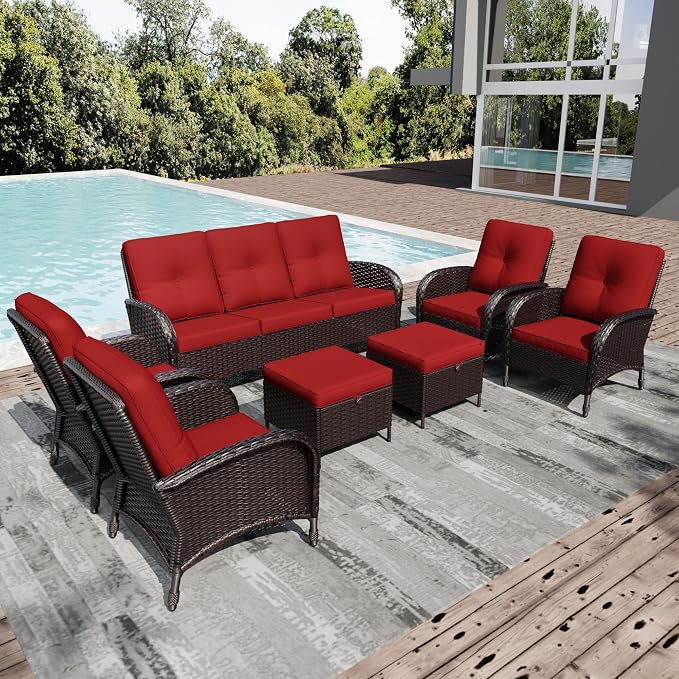 Joyside Wicker Patio Furniture Set, 7 Piece Outdoor Furniture Set with Thickened Cushions, High Back, Deep Seating, Wide Armrest, Rattan Outdoor Chairs for Porch, Deck