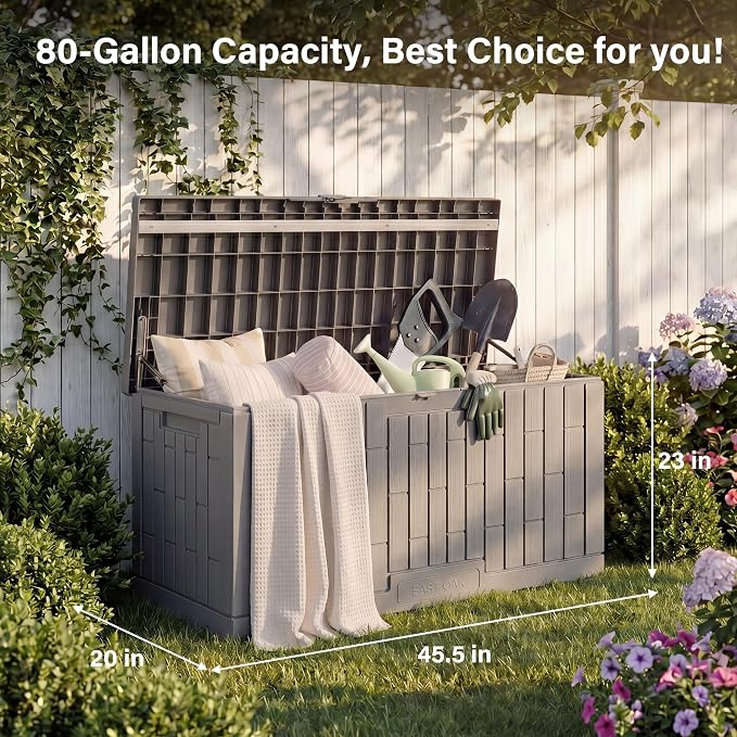 EAST OAK Outdoor Storage Box, 80 Gallon Deck Box, Waterproof Resin Storage Bin for Patio Cushions, Gardening Tools, Lockable, UV Resistant, Grey
