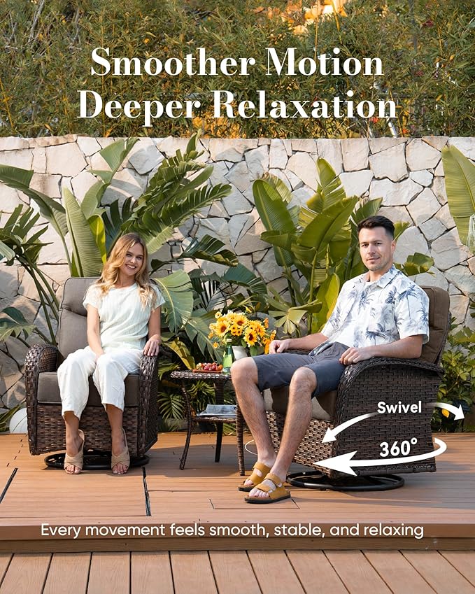 Belord Upgraded 6“ Cushion Luxury 3 Pieces Patio Furniture Set - All Weather Wicker Outdoor Swivel Rocker Patio Chairs of 2 with Side Table, High Back Glider Chairs Set for Deck Porch - Brown/Grey