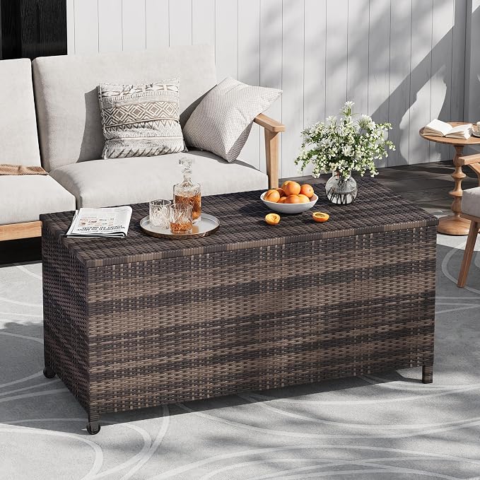 125 Gallon Outdoor Deck Box with Wheels, Waterproof PE Wicker Rattan & Aluminum Frame Storage Bin for Patio Cushions, Garden Tools, Pool Toys, Lockable Patio Furniture(Brown)