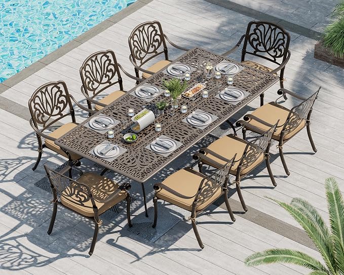 TITIMO 9-Piece Cast Aluminum Patio Furniture Set, Outdoor Patio Dining Set Bistro Conversation Set, Rectangular Dining Table Set w/Cushions Umbrella Hole (Khaki-Fixed Elizabeth Chair, 9 Pcs)