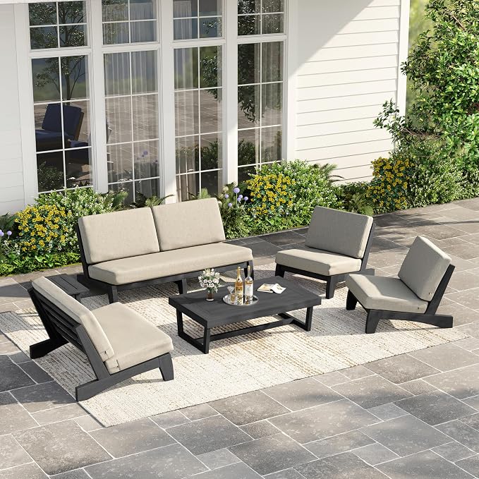 6 Piece Teak Outdoor Patio Frutnire Set, 7 Seater Patio Conversation Sets with Thick Cushions, Outdoor Sectional Furniture with Coffee Table - Light Camel