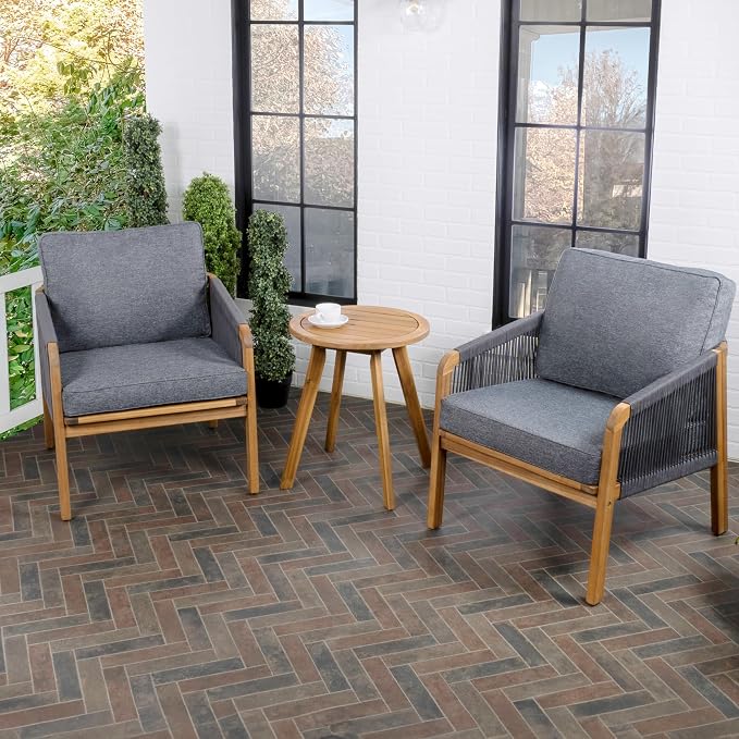 JONATHAN Y Aveiro Coastal 3-Piece Acacia Wood Outdoor Patio Conversation Set, Rope Woven Chairs with Cushions and Round Side Table for Backyard, Porch, Garden, Teak Brown/Gray LVG1203B-3SET