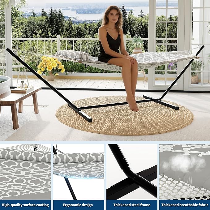 Double Hammocks with Stand for Outside, Heavy Duty Portable Outdoor Hammock with Soft Pillow & Paded, 450 LBS Weight Capacity, Perfect for Outdoor Indoor Patio Backyard Garden