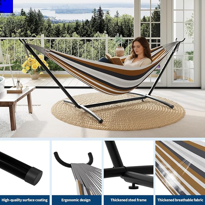 Double Hammock with Steel Stand, Outdoor Portable Hammocks Accommodates with 450Lb Capacity 2 People& Portable Carry Bag for Outside Camping Garden Yard,Rainbow