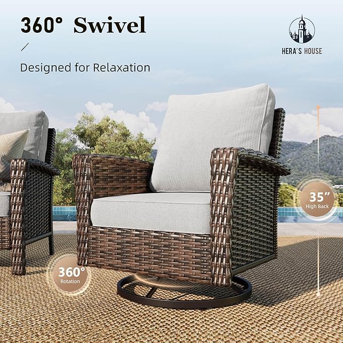 HERA'S HOUSE 8-Piece Patio Furniture Set with Swivel Chairs & Fire Pit, Outdoor High Back Wicker Conversation Sets with 5.5" Thick Cushions, All-Weather Deep Seating Sofa with Ottomans, Grey