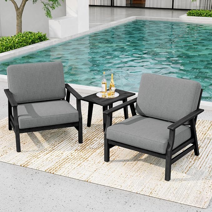 3 Piece Wood Patio Chair Outdoor Bistro Set, Outdoor Armchair All Weather Patio Sofa Furniture Backyard Conversation Sets with Dark Wooden Side Table, Grey