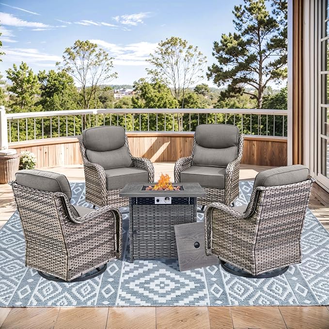 HUMMUH Wicker Patio Furniture Set with Patio Swivel Chairs Set of 4 and 50,000 BTU Fire Pit Table,6 Inch Thick Cushions High Back Outdoor Swivel Rocker Chairs Set for Porch, Balcony, Deck