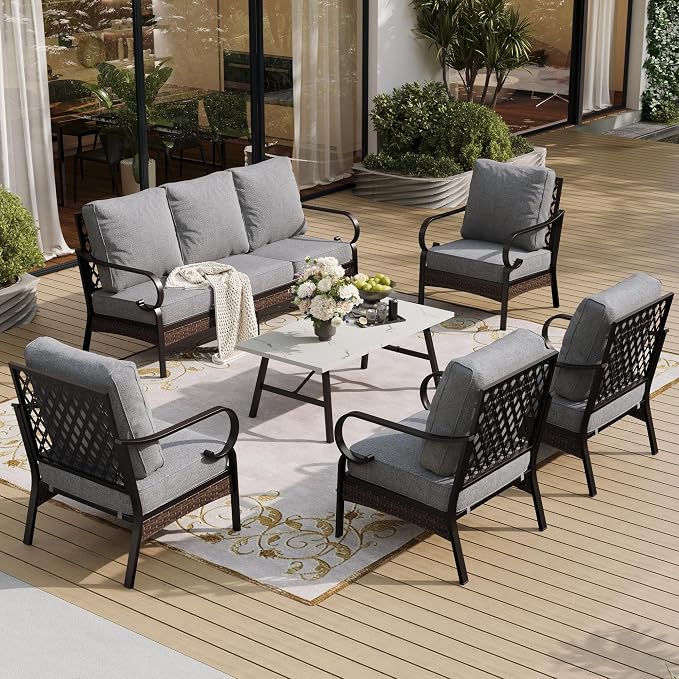 SUNSHINE VALLEY 6 Piece Metal Outdoor Patio Furniture Sets, Patio Conversation Sets 1 3-Seater Sofa, 4 Single Sofa with 5.75" Extra Thick Cushion & Coffee Table, Black Frame Backyard Furniture, Gray