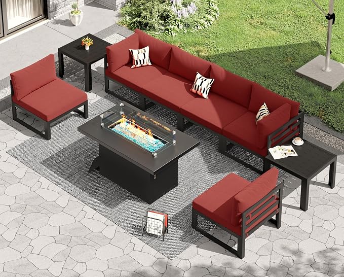 RADIATA 6 People Large Luxury Aluminum Patio Conversation Set with Fire Pit Table Propane/Gas, 29" Deep Wide U Shaped Sectional Couch, 500 lbs Heavy Duty UV Resistant Outdoor Sofa for Front Yard, Red