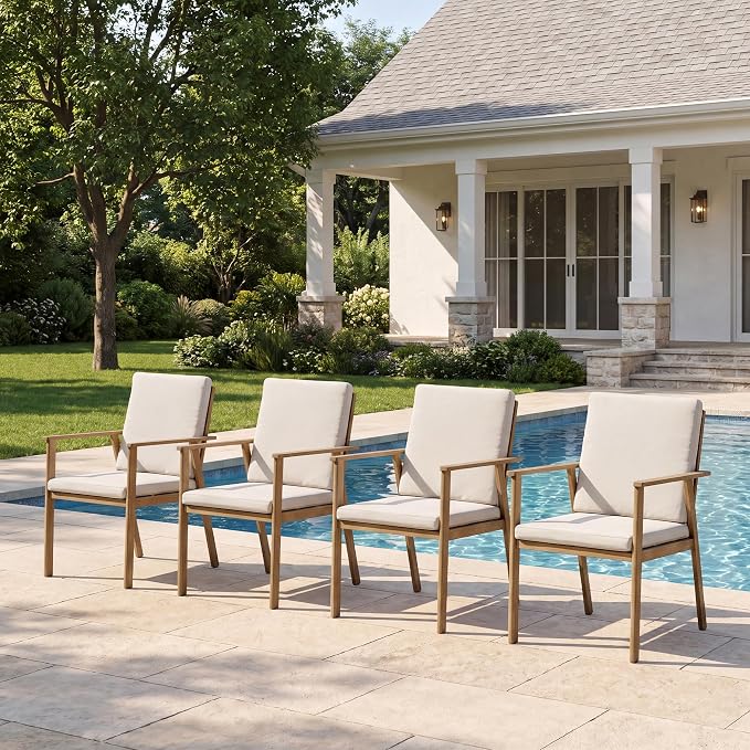 Outdoor Patio Dining Chairs Set of 4, Never-Rust Aluminum Garden Chairs with Thickened Washable Cushions, All Weather Patio Armchairs with Wider Seat for Backyard, Lawn, Poolside, Porch, Teak
