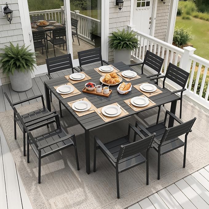 9-Piece Outdoor Dining Set, 56" Square Table and Stackable Arm Chairs | Aluminum Frame Umbrella Hole and All-Weather Wood Grain Patio Furniture for 8 for Garden, Patio, Backyard (Black)