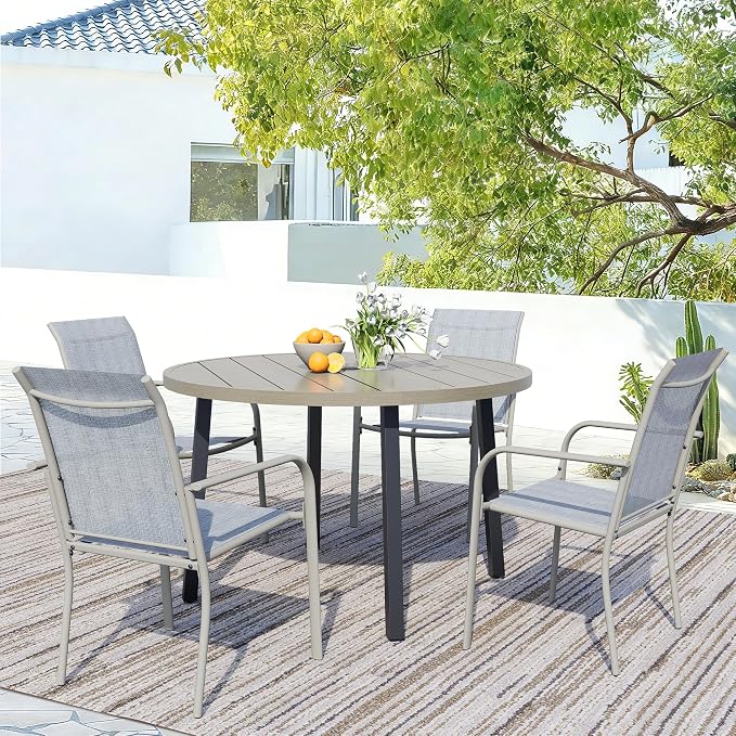 5 Piece Patio Dining Set for 4, 42” Honey Oak Round Table with Umbrella Hole and 4 Beige Blue Patio Stackable Chairs, Patio Table and Chairs for Backyard, Lawn, Deck & Garden