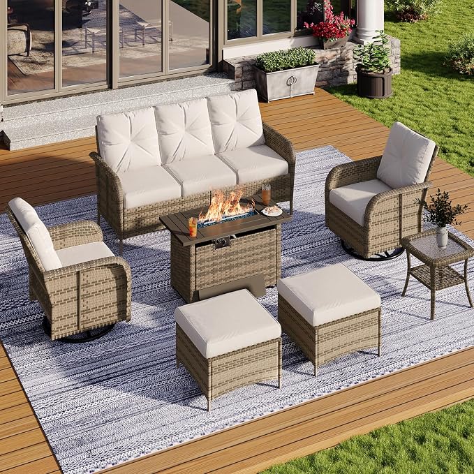 Aoxun 7-Piece Patio Furniture Set with 44” Fire Pit Table, Wicker Rattan Outdoor Sectional Sofa with High Back Swivel Rocker Chairs, Outdoor Patio Furniture Set with Thick Cushions & Ottoman, Grey