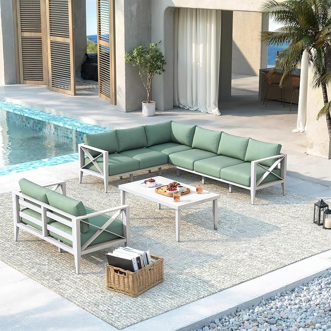 Patio Sectional Sofa Set 8 Seat Outdoor Conversation Set with Cushions, Aluminum Patio Furniture for Backyard Deck Garden Seating