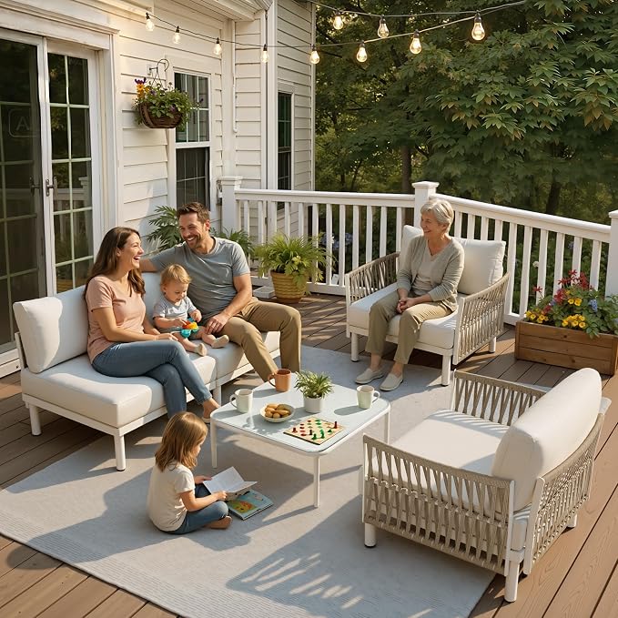 5-Piece Aluminum Modern Outdoor Sectional Sofa with Coffee Table - Weather-Resistant 31" Deep Seating Patio Conversation Set, 5.1" Thick Removable Cushions for Deck, Porch & Backyard, Beige