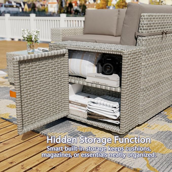 12 Piece Patio Furniture Set, 9.8" Wide Arm Sectional Sofa with Storage Armrests, All-Weather Rattan Outdoor Conversation Set for Garden, Porch, Lawn, Backyard, Balcony, Khaki