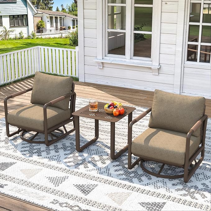 3-Piece Aluminum Outdoor Swivel Rocker Chair Set, 360° Swivel Rocking Seats with 6.5" Thick Cushions, 24" Wide Seat 380LBS Capacity & Side Table for Porch, Deck