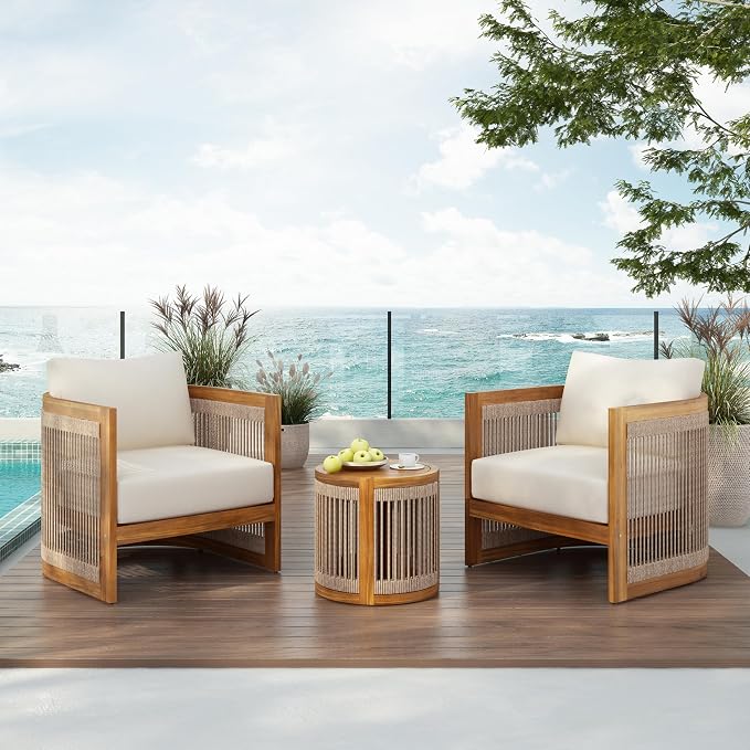 Christopher Knight Home Malphite 3 Pieces Conversation Set, Acacia Wood Chat Set, Round Coffee Table and Woven Rope Accent Chairs, Slat Design Patio Furniture Set for Backyard Garden, Beige + Teak