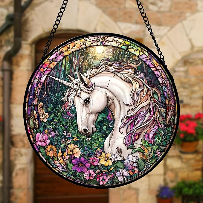 DASTOLL Stained Glass Window Hanging, Unicorn Flowers Suncatcher for Doors Home Sun Catchers Decoration and Christmas, Mother's Day Birthday Gifts for Women, Men, and Mom 7.8 in