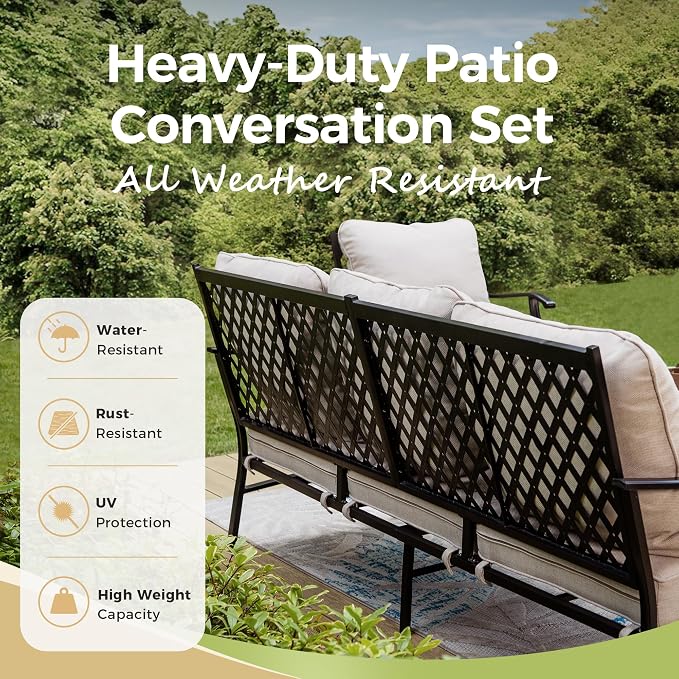 MIXPATIO Patio Furniture Set 4 pcs, Outdoor Patio Furniture, 3-Seat Sofa, 2 Rocking Chairs, Metal Coffee Table and 5.75" Extra Thick Cushion, Patio Conversation Set for Garden Backyard Deck,Beige