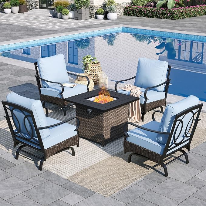 Sophia & William Patio Furniture Set with Fire Pit Table, 5 PCS Metal Outdoor Conversation Set Sofa Couch with Fire Pit Table, 4 Sofa Chairs for Outdoor Seating,Backyard,Porch(Blue)