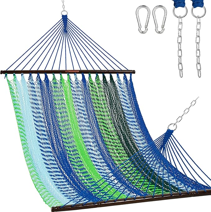 Lazy Daze Hammocks 10.5 FT Double 2 Person Caribbean Rope Hammock, Hand Woven Polyester Hammock with Spreader Bars, for Outside Outdoor Backyard Patio Poolside, 450 LBS Capacity, Blue/Green