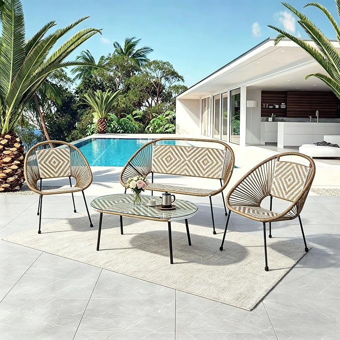 4-Piece Outdoor Patio Furniture Set, Wicker Sofa and Chairs with Cushions, PE Rattan All-Weather Conversation Set with Coffee Table for Backyard, Patio, Poolside, Garden, Deck, White