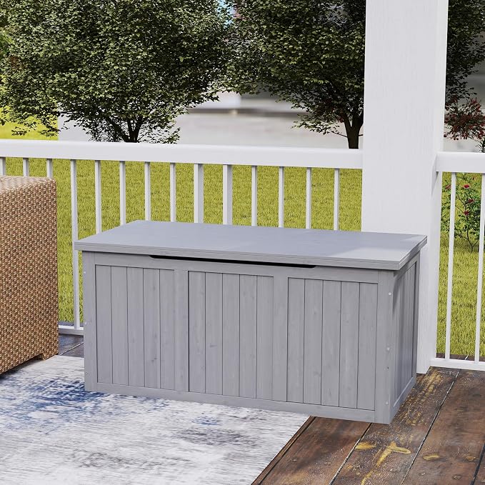 67 Gallon Outdoor Wooden Deck Box Solid Wood Storage Box Seat Table Top for Patio Furniture Cushions, Pool Toys Garden Tools