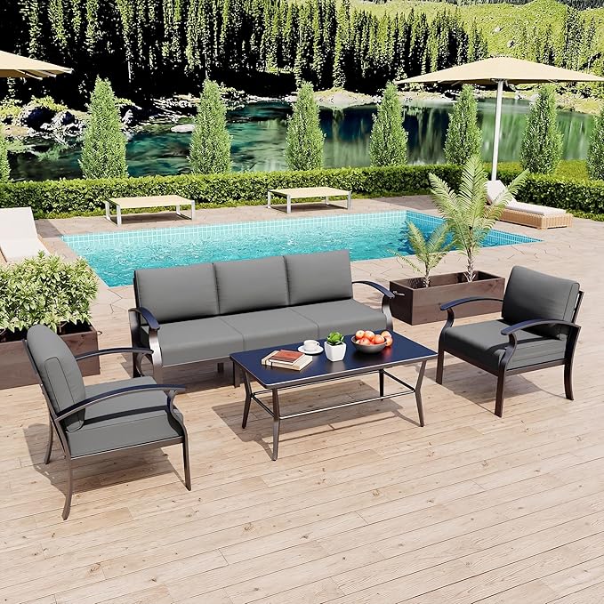Kurapika Aluminum Patio Furniture Set 5-Seat Modern Metal Outdoor Conversation Sets w/5.1 Inch Cushion Patio Sectional Sofa with Rectangular Coffee Table, Grey
