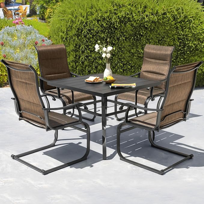 NUU GARDEN 5 Piece Outdoor Dining Set, 4 Padded Textilene Patio Chairs and 37 Inch Square Table with Umbrella Hole, Patio Furniture for Backyard Garden, Brown and Black