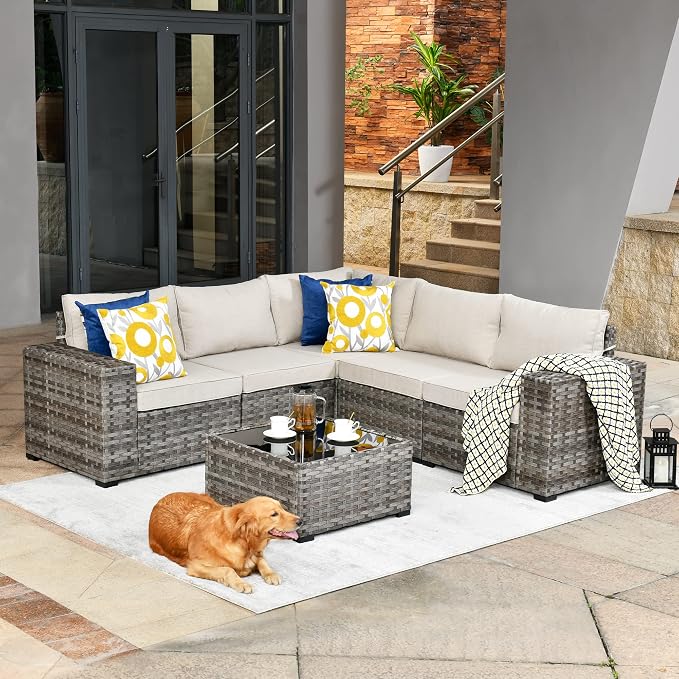HOOOWOOO Modular Patio Outdoor Sectional Furniture Set,6 Pieces Wicker Conversation Sofa Set,Out Door Couch Set with Wide Arm for Outside All Weather(Beige)