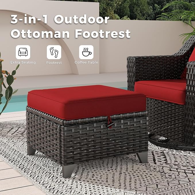 6 Pieces Patio Conversation Furniture Set - 1 Sofa, 2 Armchairs, 2 Ottomans, 1 Side Table, Outdoor Wicker Furniture with Removable Cushions for Porch, Balcony, Sunroom (Red)
