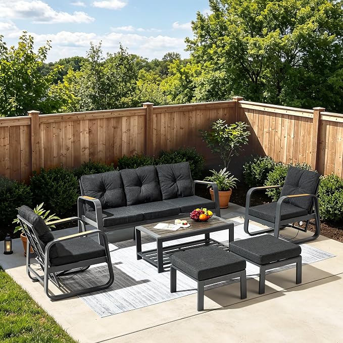 6 Pcs Aluminum Patio Furniture Set with Coffee Table Outdoor Conversation Sofa Set Include Adjustable 3-Seater Sofa, 2 Hydraulic Chair, 2 Ottoman for Balcony, Garden, Poolsid（Gray）