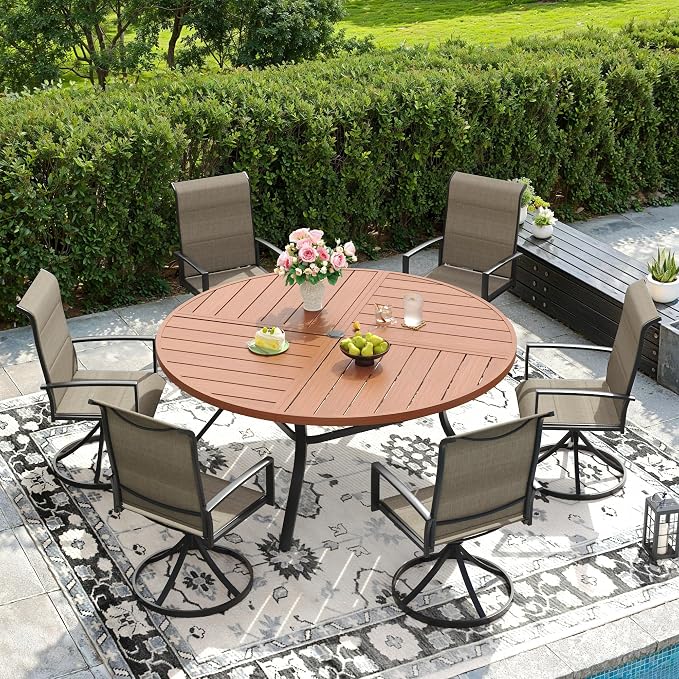 DIFY 7 Piece Outdoor Dining Set, Metal Patio Table and Chairs Set, 53.1" Walnut Round Dining Table & 6 Brown Padded Textilene Swivel Patio Chairs, Outdoor Furniture Set for Garden Backyard Porch