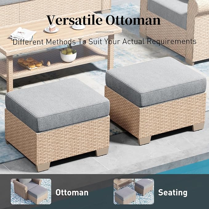 Patio Furniture Set 5 pcs, Wicker Rattan Outdoor Furniture with 5.5” Thick Cushions, 3-Seat Sofa, 2 Chairs and 2 Ottomans, Outdoor Conversation Set for Garden Backyard Deck, 7 Seats Grey