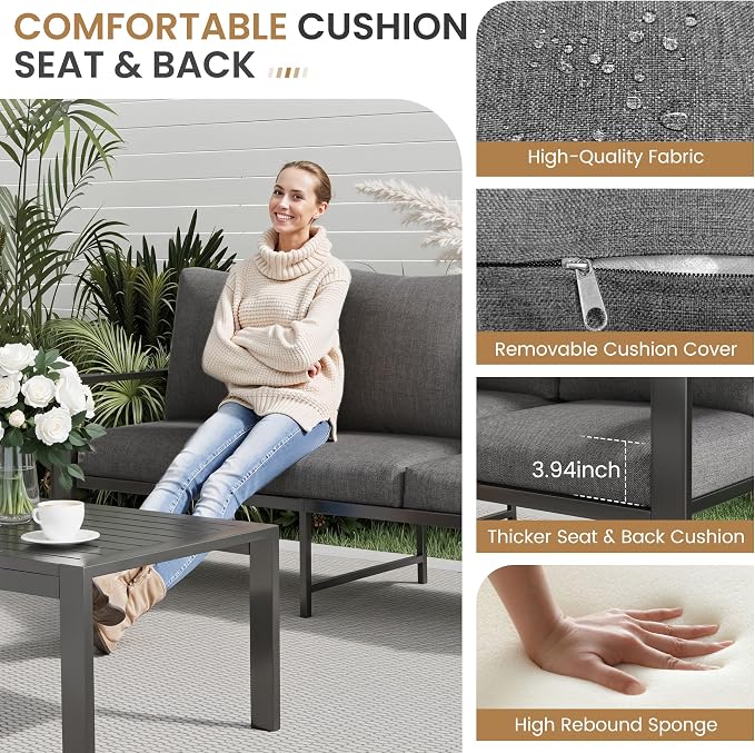 Aluminum Patio Conversation Sets All-Weather Sectional Outdoor Furniture Set with Coffee Table & Cushions with Removable Covers for for Backyard, Garden and Poolside Easy Assembly(Gray)