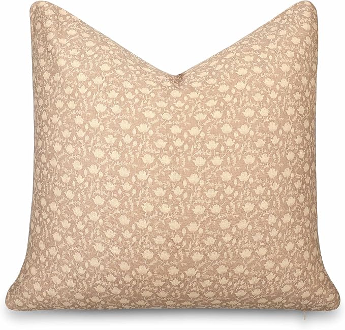 Modern Farmhouse California Casual Indoor Outdoor Throw Pillow Cover, 22"x22" Water Repellent for Patio, Backyard, Couch, Poolside, Ivory Cream Tan Print Botanical Flowers and Leaves