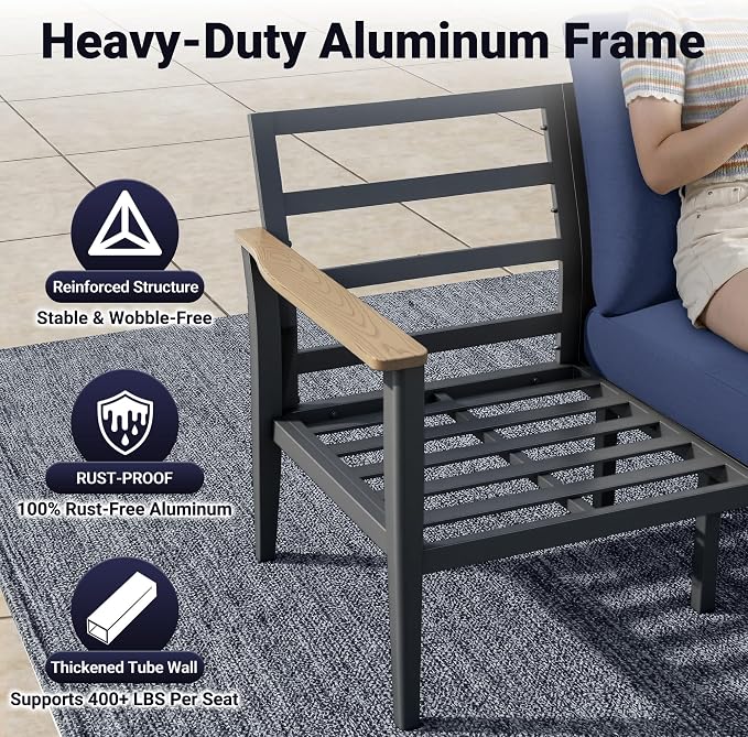 Aluminum Outdoor Patio Furniture Set, 7-Piece Sectional Sofa with 5.1" Thick Cushions, Ottomans, 55,000 BTU Propane Fire Pit Table, Outdoor Couch for Backyard, Deck, Navy Blue
