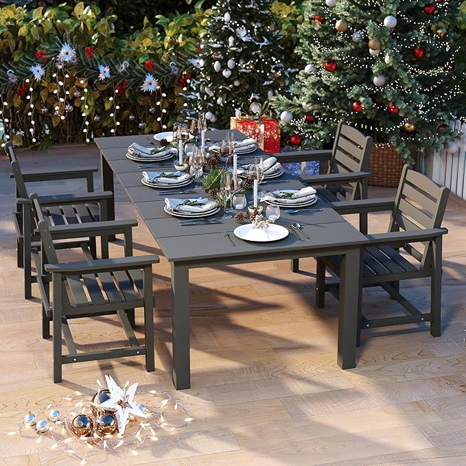 5-Piece Grey Outdoor Dining Set for 4, 75.2'' HDPE Table with Umbrella Hole & Chairs, Weather-Resistant Patio Furniture for Garden, Lawn, or Poolside