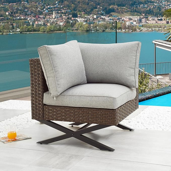 LOKATSE HOME Rattan Corner Sofa X Shape Leg Outdoor Furniture Patio Left-arm Chair with Cushions for Garden, Pool, Backyard, Brown
