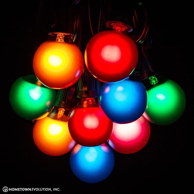 G40 Assorted Satin Pearl Colored String Lights (50 Foot – Black Wire) | G40 Assorted 1.6" Bulbs, Outdoor Globe Patio String Lights