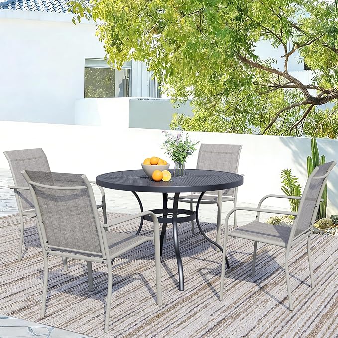 5 Piece Patio Dining Set for 4, 42” Black Round Table with Umbrella Hole and 4 Grey Patio Stackable Chairs, Patio Table and Chairs for Backyard, Lawn, Deck & Garden