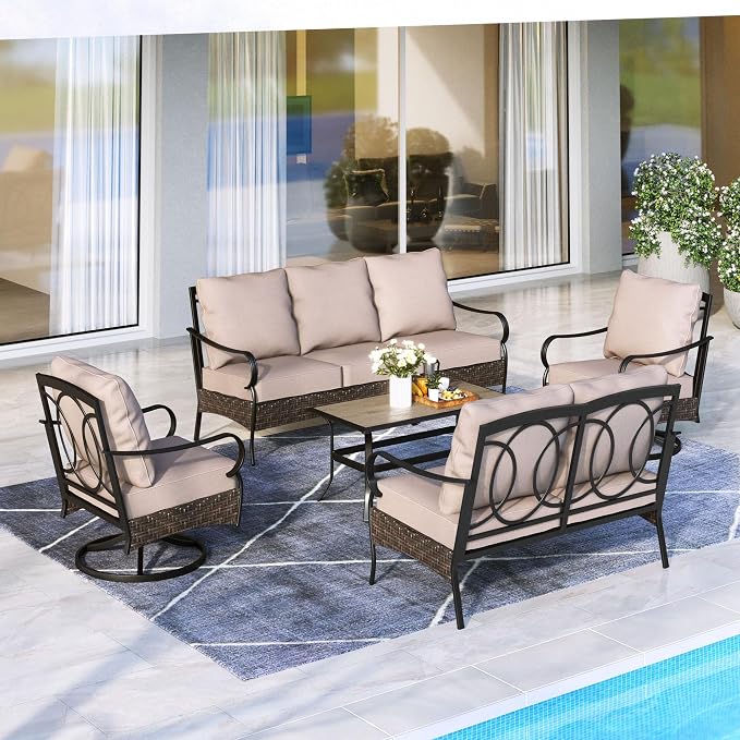 MFSTUDIO Outdoor Patio Furniture Set, 5 PCS Metal Patio Conversation Sets for 7, Modern Patio Sectional Set with High Back 3-Seat Sofa, Loveseat, 2 Swivel Sofa Chairs, 1 Coffee Table