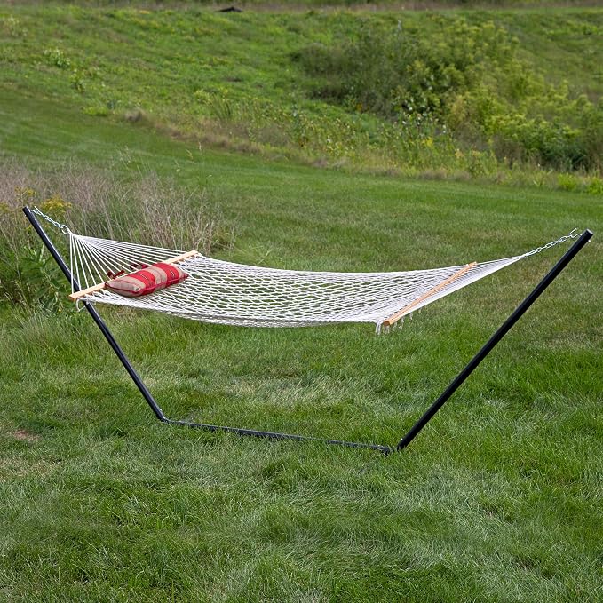 Sunnydaze Rope Double Hammock with Stand for Outside - Heavy Duty Freestanding Portable Outdoor Hammock Set with Quilted Pad, Pillow, and 12-Foot Steel Frame - 450 lb Capacity - Awning Stripe