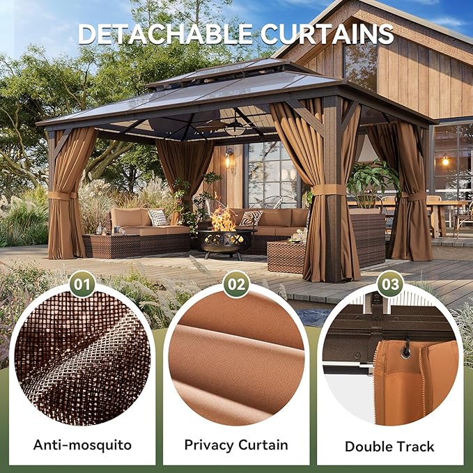 12’x12’ Hardtop Gazebo with Double Polycarbonate Roof Outdoor Metal Gazebo Sturdy Aluminum Frame & Removable Curtains, Netting Permanent Pavilion Pergola for Garden,Patio,Lawn (Gray)