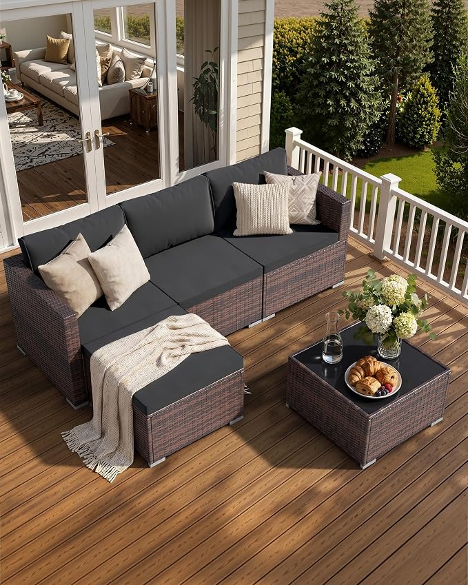 Skyfish Patio Furniture Set - Wide Armrests - All-Weather 5 Piece Outdoor Wicker Sectional Couch with Chaise Lounge,Couch Conversation Set, PE Rattan Sofa for Backyard Porch Poolside Brown/Medium Gray